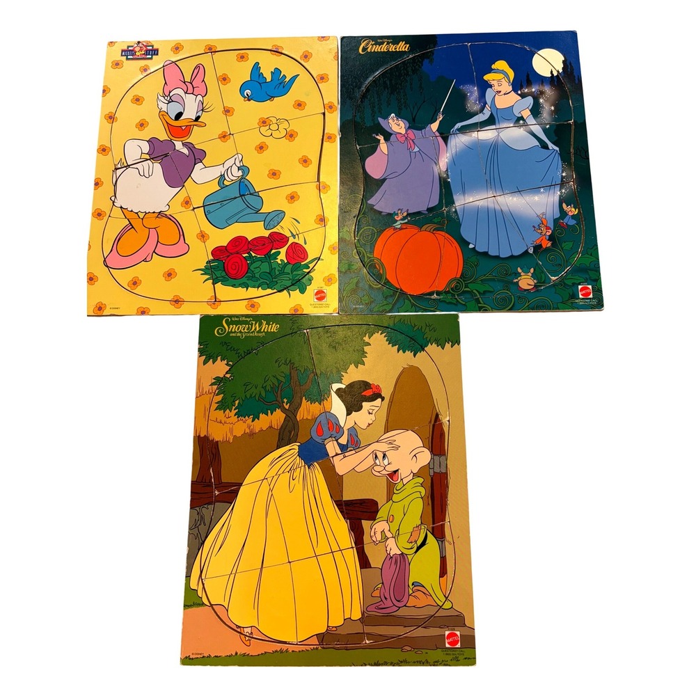 Vtg Disney Mattel Tray Board Puzzle Set Snow White Cinderella Daisy Duck 3pc